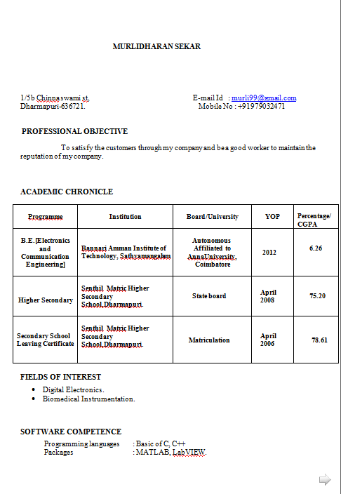 Download resume format for engineering student